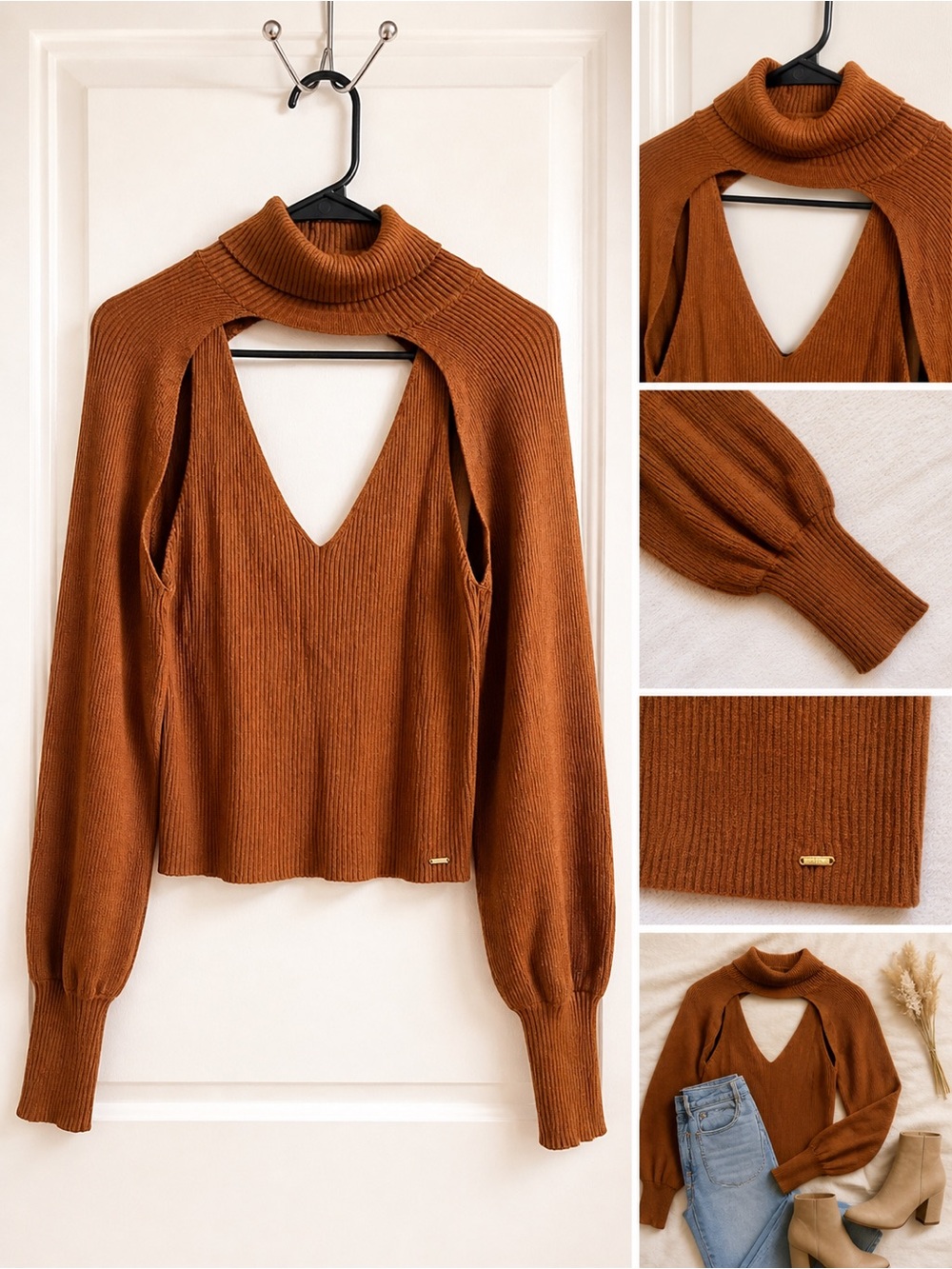 Guess Rust Brown Cutout Ribbed Turtleneck Sweater